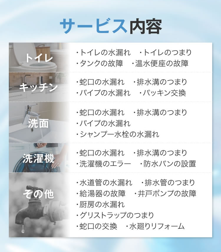 サービス内容：トイレ・キッチン・洗面・洗濯機の水漏れ、排水溝のつまりなど